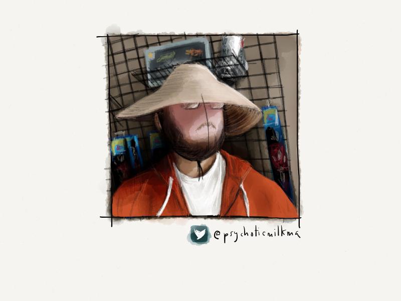 Digital watercolor and pencil portrait of a faceless man wearing an orange hoodie and straw hat inside a store.