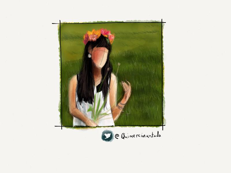 Digital watercolor and pencil portrait of faceless woman in a field of grass, wearing bright flowers in her hair and holding large dandelions.