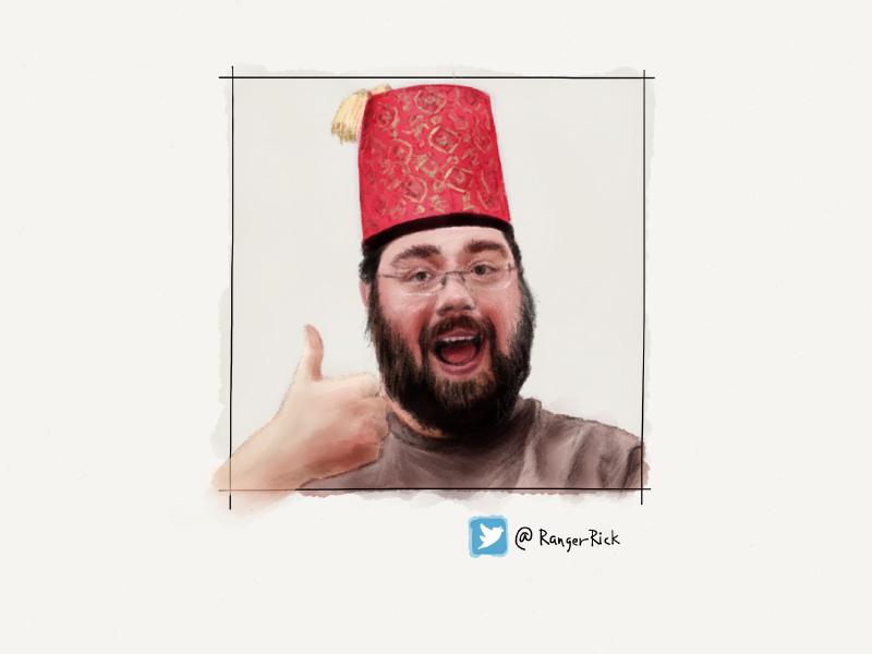 Digital watercolor and pencil portrait of a bearded man with glasses, wearing a large red hat with a tassel, and giving the thumbs up.
