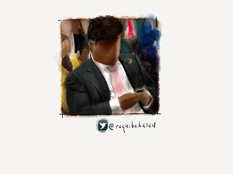 Digital watercolor and pencil portrait of a faceless man sitting in an auditorium, wearing a suit and pink tie, as he looks down at his iPhone.