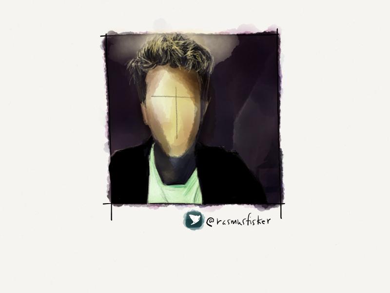 Digital watercolor and pencil portrait of a faceless man with short curly blonde hair wearing a black cardigan.