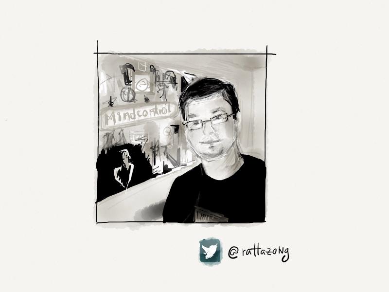 Digital watercolor and ink portrait of a smiling man in glasses, standing next to a wall that says Mindcontrol, resembling the Nintendo logo.