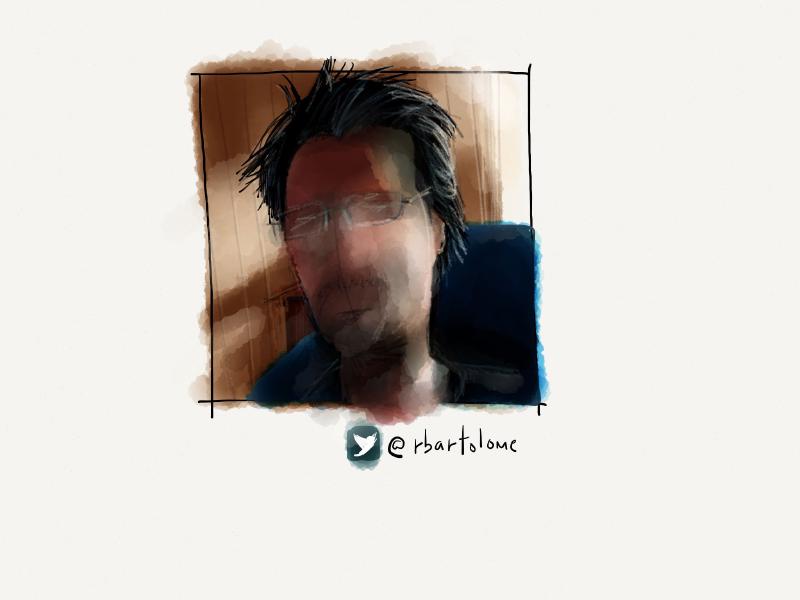 Digital watercolor and pencil portrait of a faceless man with black spikey hair, glasses, and a short goatee.