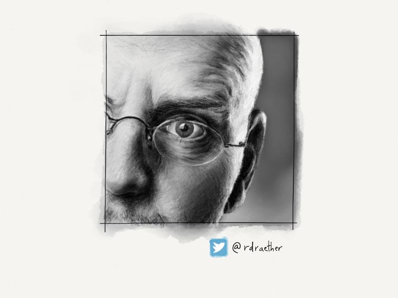 Black and white digital watercolor and pencil portrait of a bald man's left eye, ear, nose, and forehead.
