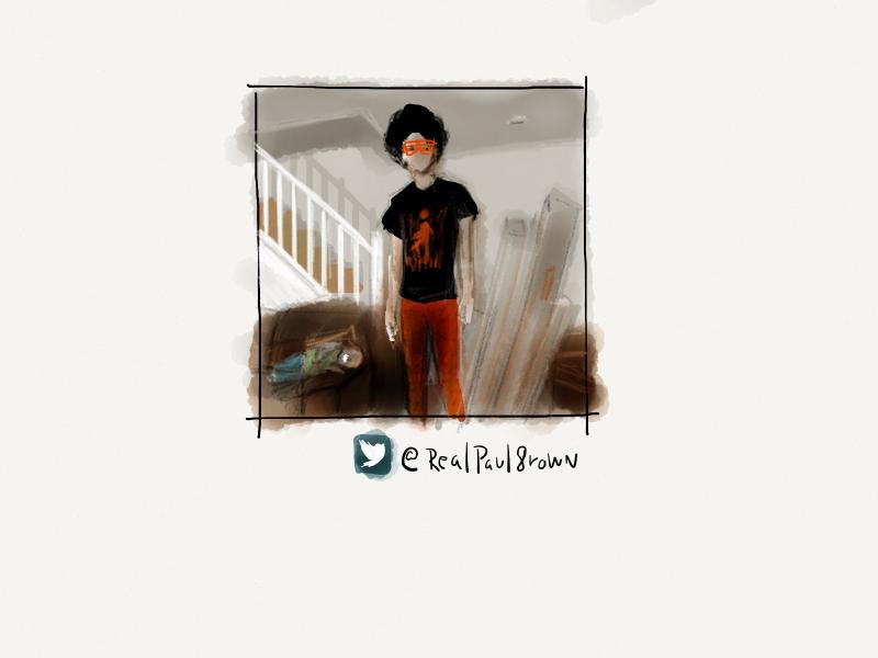 Digital watercolor and pencil portrait of a tall slender man, faceless, with an afro, orange pants and sunglasses. Standing in front of a white staircase.