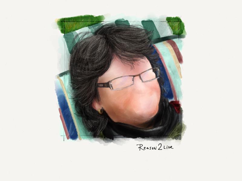 Digital watercolor and pencil portrait of a faceless woman with short gray hair, laying on a striped beach towel on the grass.