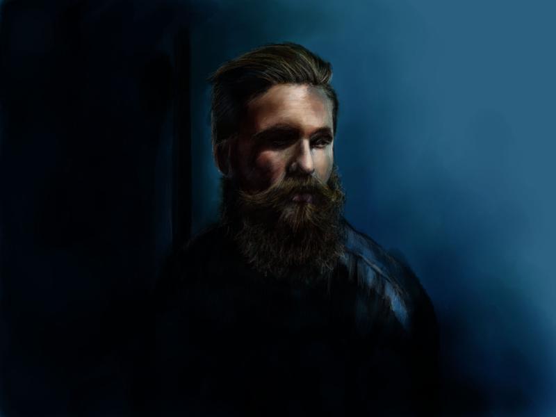 Digital watercolor and pencil portrait of a man with a thick and long light brown beard and mustache. His hair is slicked back as he site in a blue room.