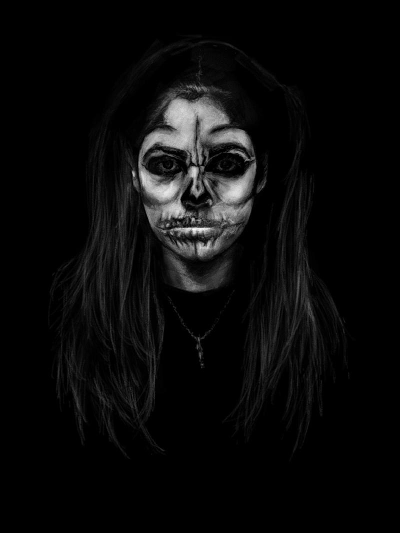 Black and white digital watercolor and pencil portrait of a woman with a white face painted like a skeleton, sitting in shadow looking forward at the viewer.