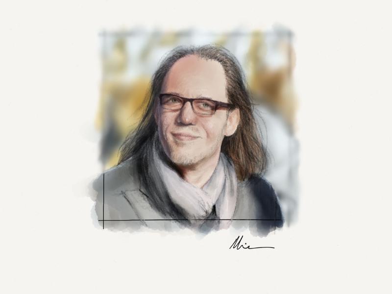 Digital watercolor and pencil portrait of a man with long hair and glasses, standing outside wearing a gray coat and scarf. The background of trees has a bokeh to it.