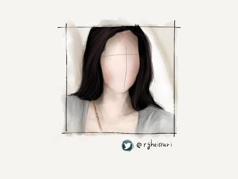 Digital watercolor and pencil portrait of a faceless woman wearing a thin gray blouse, painted in pale and muted tones.
