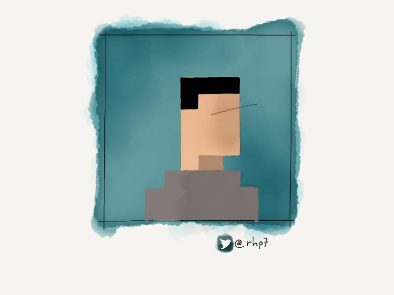 Digital watercolor and pencil portrait of a faceless man with short black hair, painted in an 8bit pixel art style on a blue background.