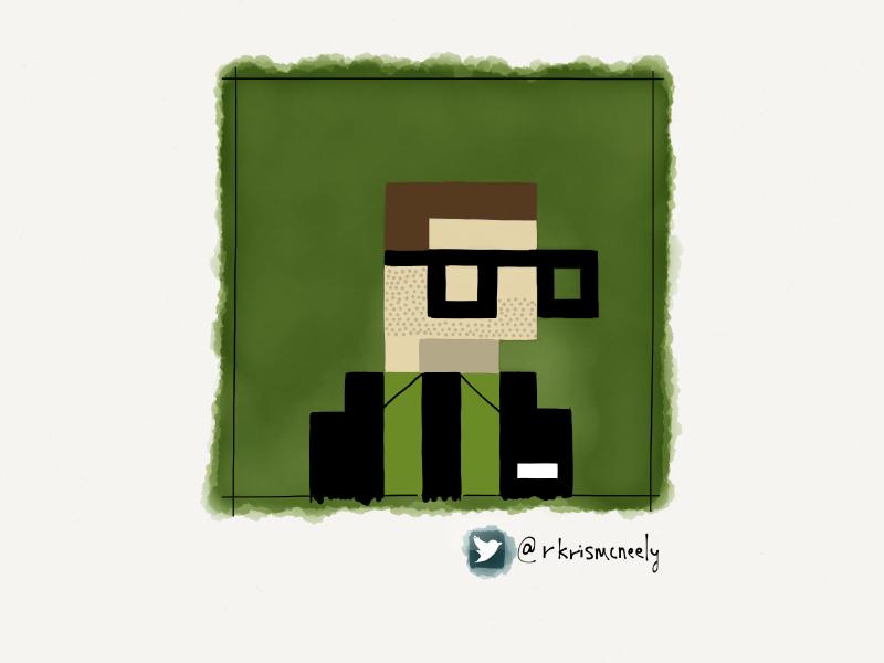 Digital watercolor and pencil portrait of a faceless man with brown hair, large black glasses, and wearing a suit and tie. Painted in an 8bit pixel art style on green.