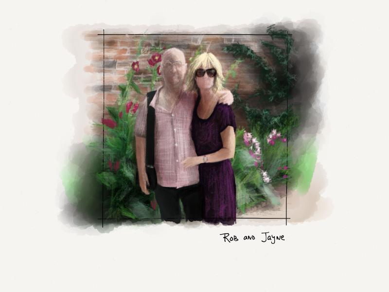 Digital watercolor and pencil portrait of a faceless man and woman holding each other in front large flowers and a brick wall.