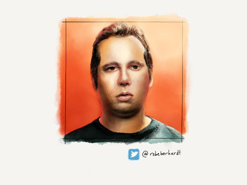 Digital watercolor and pencil portait of a man with a confused look to him, staring forward, in a bright orange room.