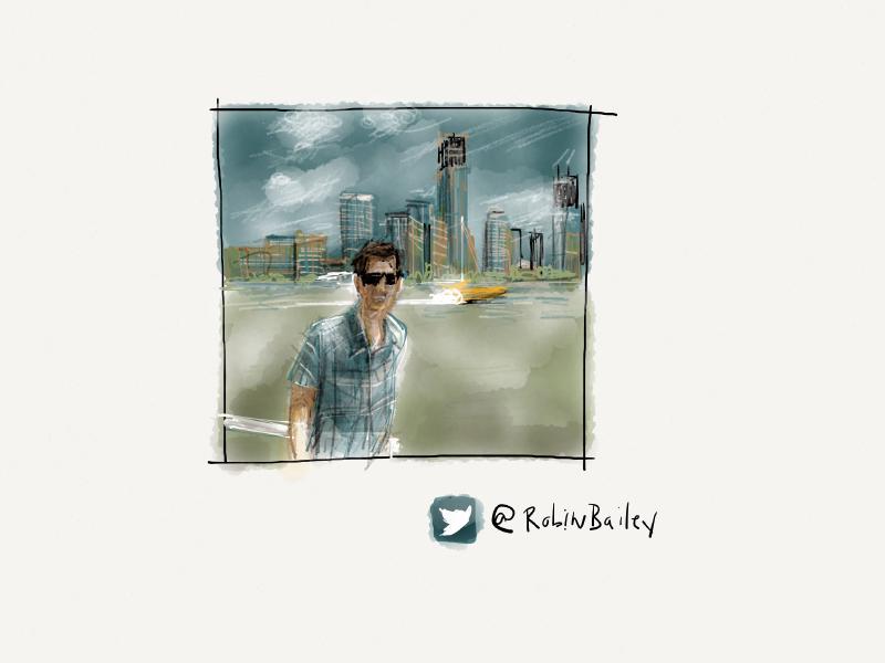 Digital watercolor and pencil portrait of a faceless man in plaid, standing in front of a skyline with a yellow speed boat zipping by.