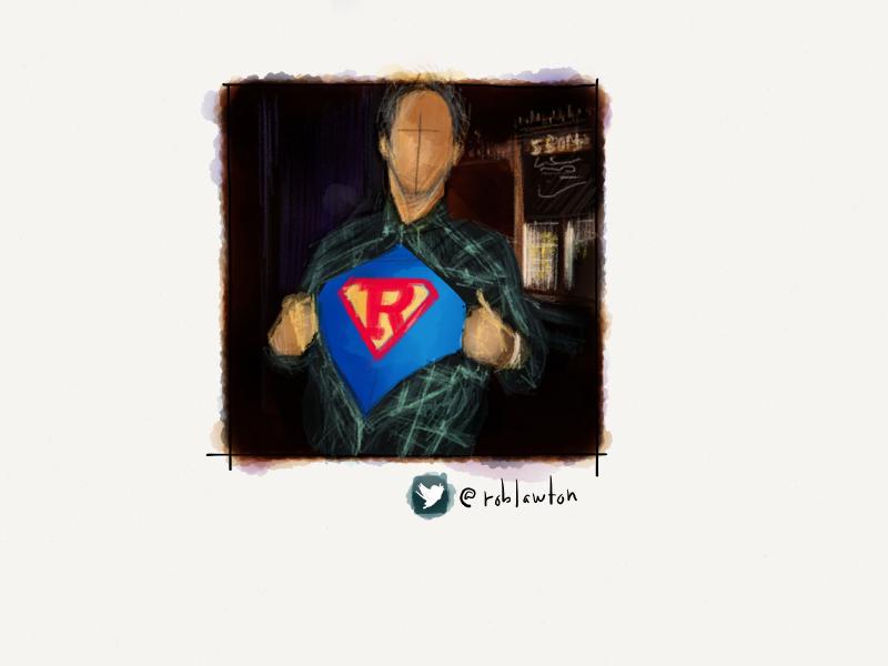 Digital watercolor and pencil portrait of a faceless man in a bar, pulling open his flannel shirt to reveal a large R insignia similar to Superman's symbol.