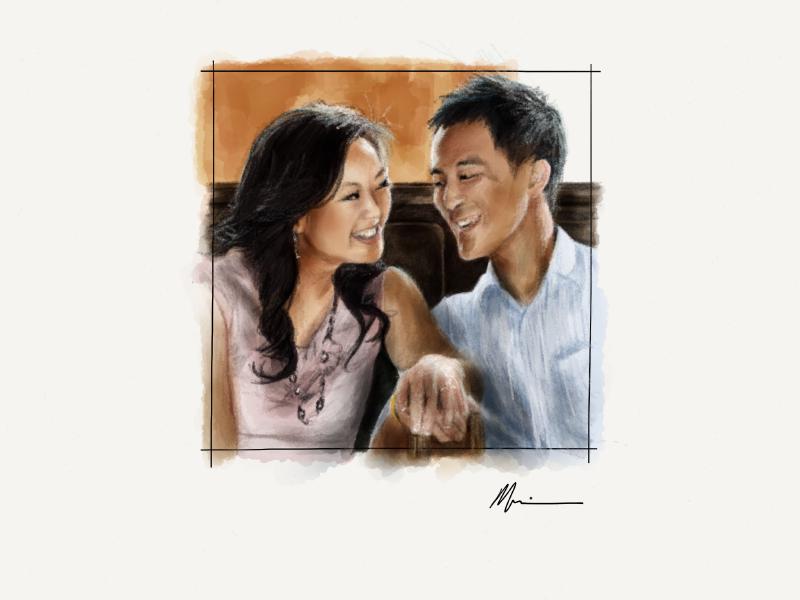 Digital watercolor and pencil portrait of a smiling couple looking at each other while holding hands.