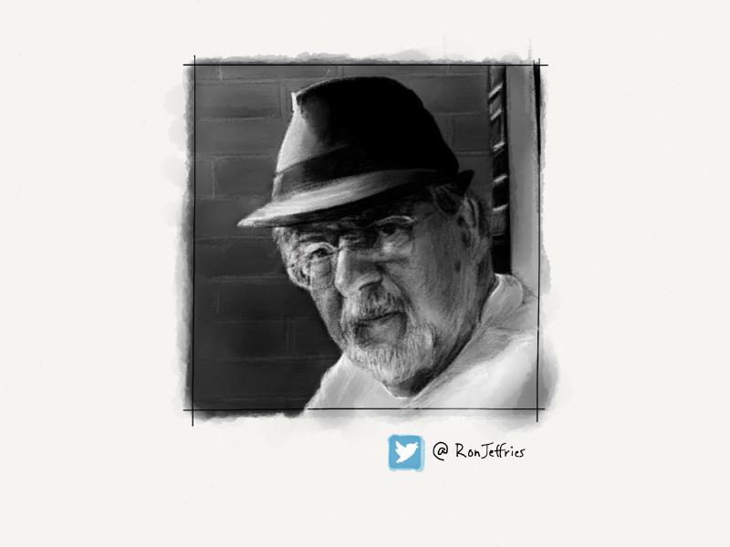Black and white digital watercolor and pencil portrait of a man wearing a fedora and glasses, sitting in front of a brick wall.