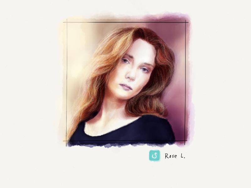 Digital watercolor and pencil portrait of a redhead tilting her head to the side as she looks at the viewer.
