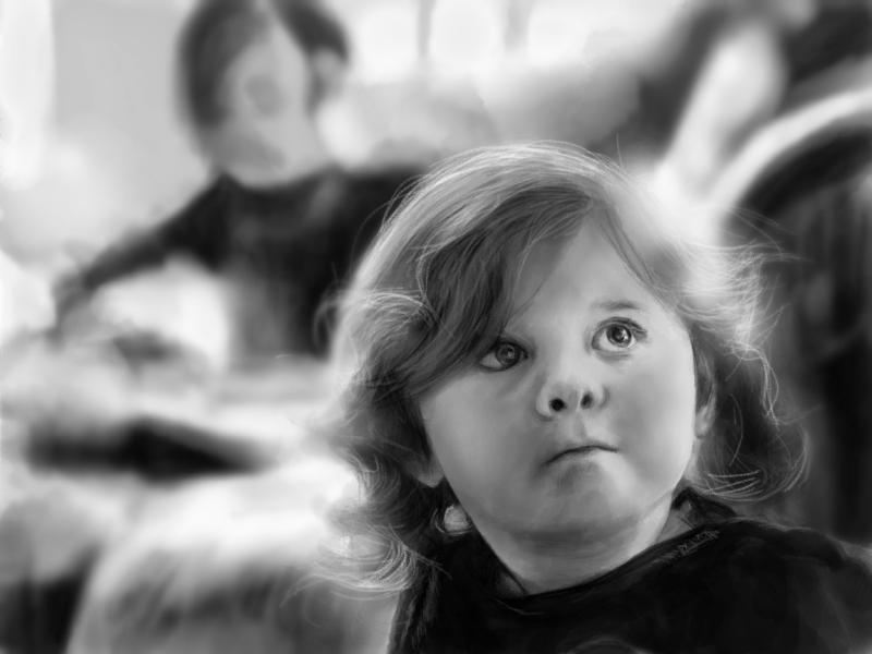 Black and white digital watercolor and pencil portrait of identical twin girls. Twin on the left is sitting on a sofa in the background, blurred. Twin on the right is in the foreground and looking up.