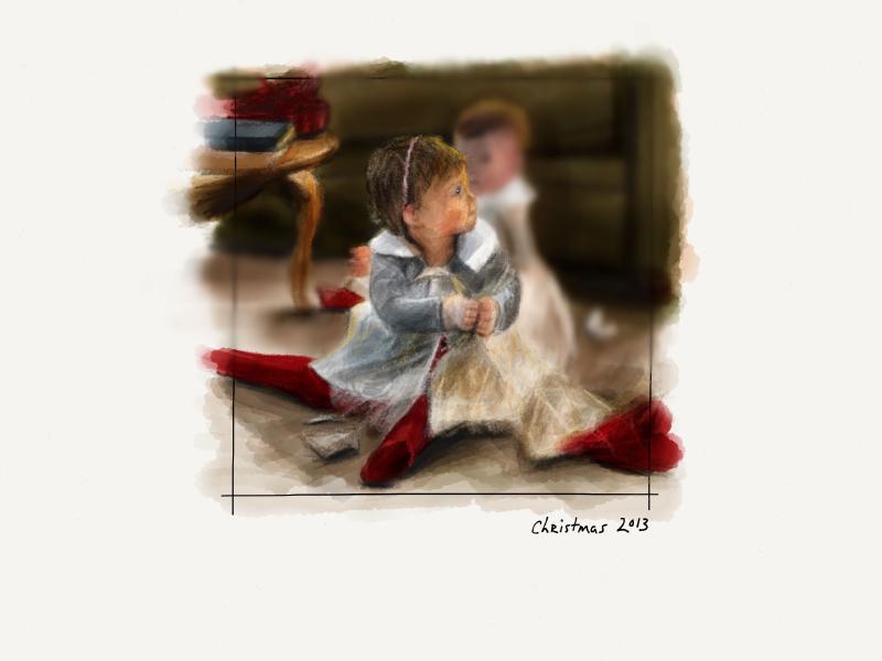 Digital watercolor and pencil portrait of identical twin girls sitting on the floor in gray dresses with red stockings, playing with wrapping paper on Christmas.