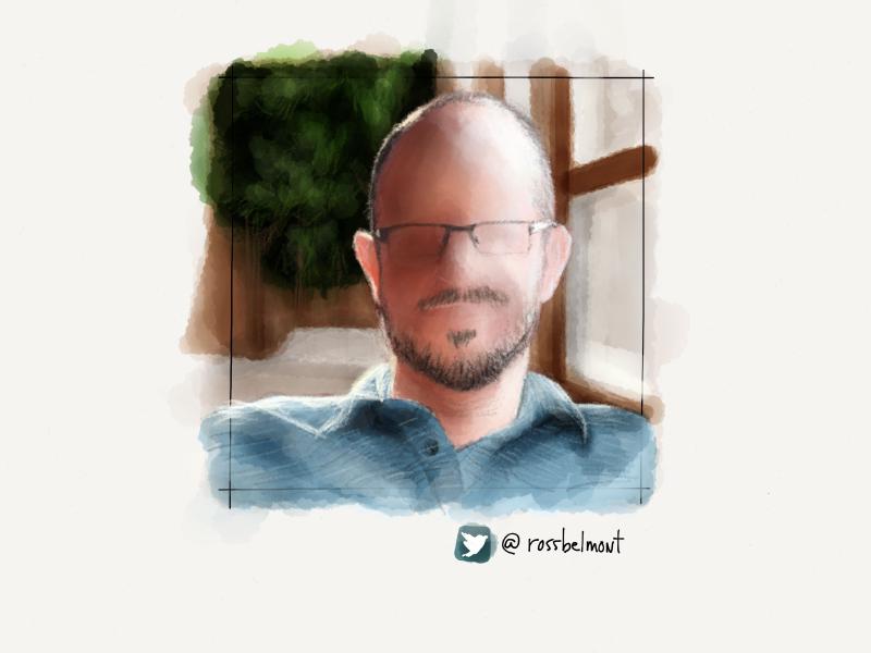 Digital watercolor and pencil portrait of a faceless man wearing glasses, short hair, and beard, sitting outside basking in the sunlight.