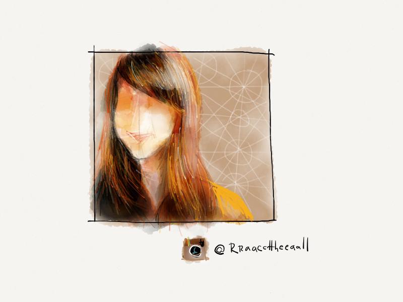 Digital watercolor and pencil portrait of a faceless woman with long hair, standing in front of a wall with geometric patterns.