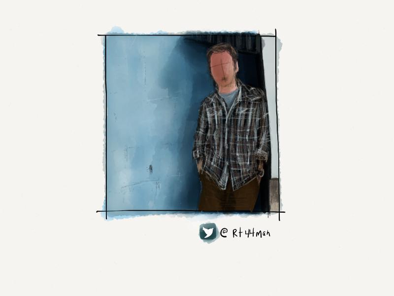 Digital watercolor and pencil portrait of a faceless man with a soul patch wearing plaid, leaning against a concrete wall.