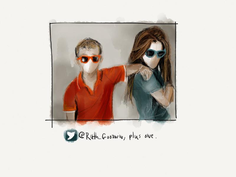 Digital watercolor and pencil portrait of a faceless man in a red polo and sunglasses resting his arm on the back of a faceless woman in blue sunglasses.