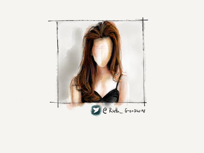 Digital watercolor and pencil portrait of a faceless woman with long hair, wearing a black top with thin spaghetti straps.