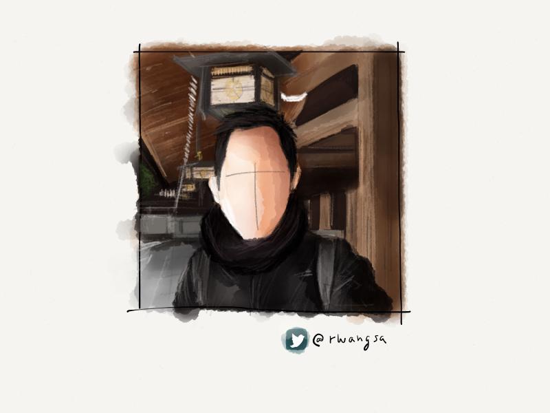 Digital watercolor and pencil portrait of a faceless man wearing a backpack near a wooden framed building and lantern.