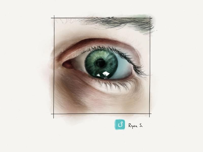 Digital watercolor and pencil closeup illustration of a man's green eye with catch light.