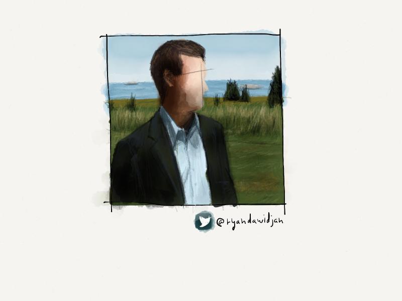 Digital watercolor and pencil portrait of a faceless man looking to the right, wearing a suit and blue dress shirt, outside in a field of grass.