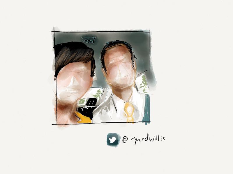 Digital watercolor and pencil portrait of a faceless woman and man with coordinated outfits with yellow accents, taken in a car.