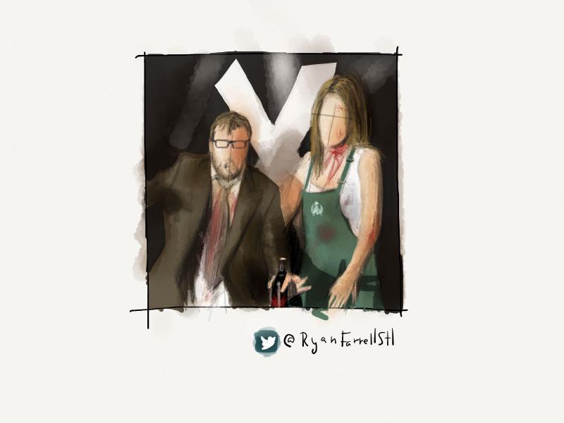 Digital watercolor and pencil portrait of a faceless man in a brown suit and woman wearing a green apron, both bloodied, standing in front of a large X.