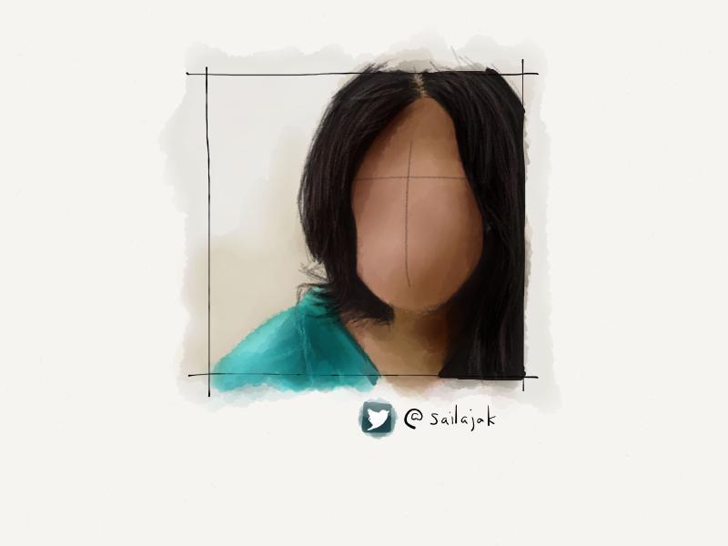 Digital watercolor and pencil portrait of a faceless woman with dark hair, wearing a turquoise blouse.