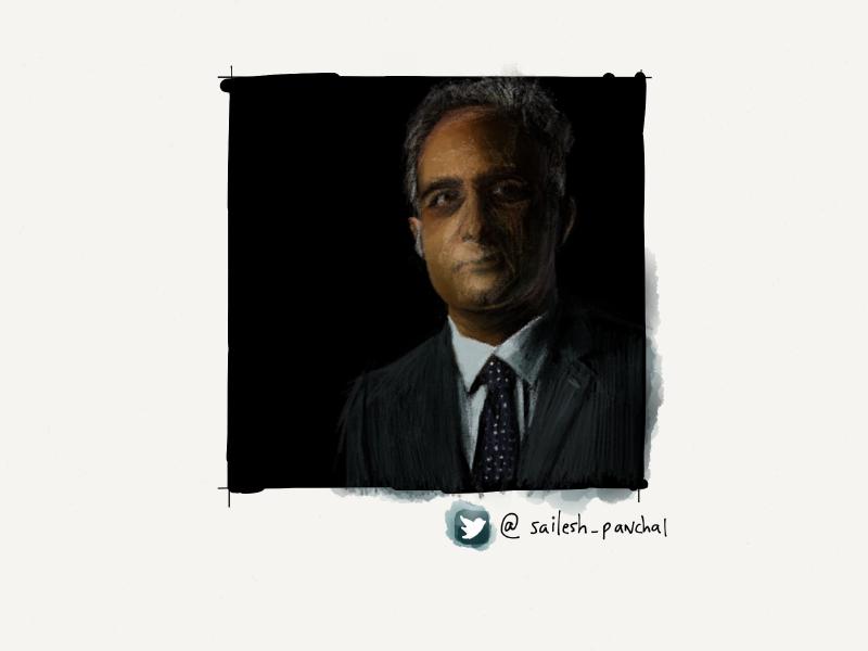 Digital watercolor and pencil portrait of a man in a suit with gray hair against a black background.