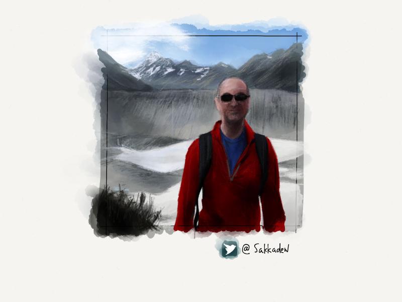 Digital watercolor and pencil portrait of a man with shaved gray hair, sunglasses, a red pullover, and backpacking by a mountain range.