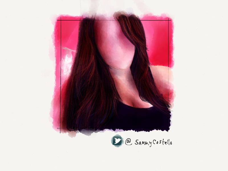 Digital watercolor and pencil portrait of a faceless woman in pink wearing a black tank top.