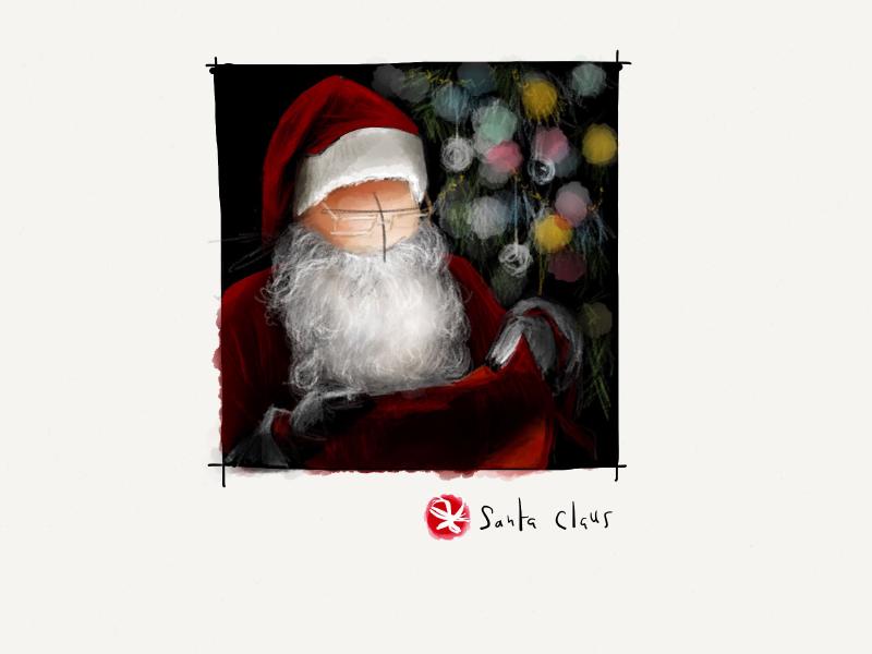 Digital watercolor and pencil portrait of a faceless Santa Claus looking into a glowing red sack of presents.