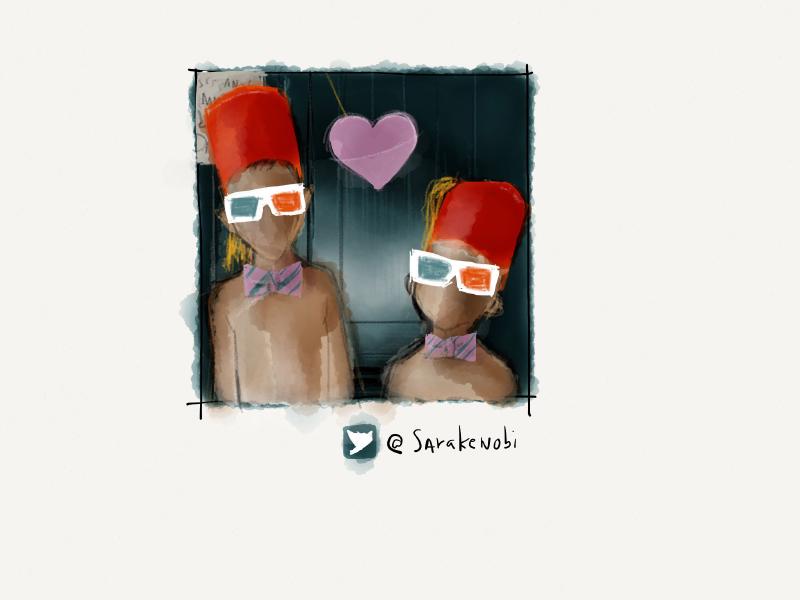 Digitla watercolor and pencil portrait of two faceless kids wearing large red hats with tassels, blue-red 3D glasses, purple bow ties, posing in front of a blue wall.