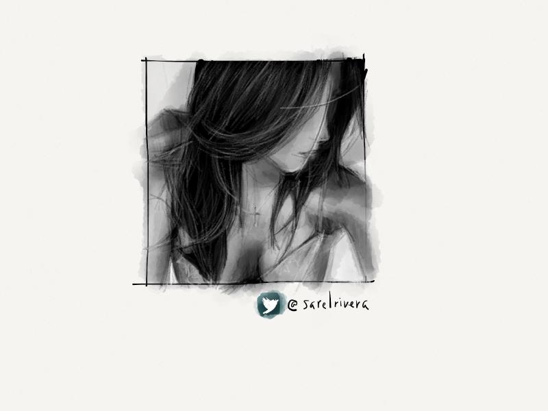 Black and white digital watercolor and pencil portrait of a faceless woman with long hair wearing a bra and cross necklace around her neck.