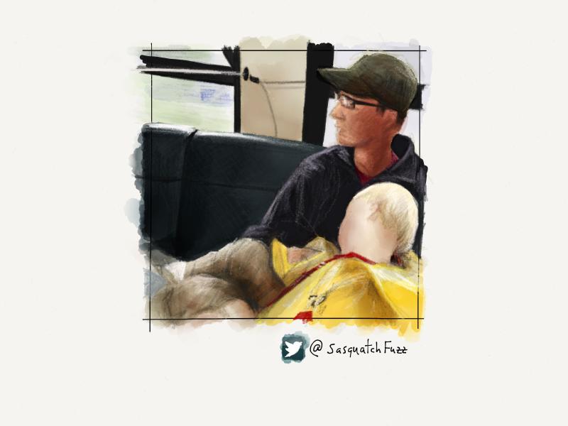 Digital watercolor and pencil portrait of a man in a military style green hat, holding a sleeping boy in a yellow rain coat.