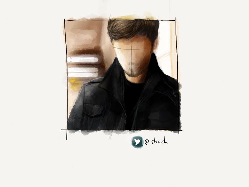 Digital watercolor and pencil portrait of a faceless man with brown hair wearing a black military style jacket, looking downward.