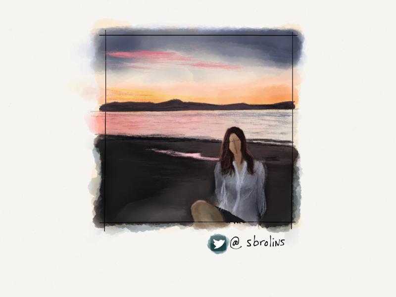 Digital watercolor and pencil portrait of a faceless woman sitting on a beach during a sunset.