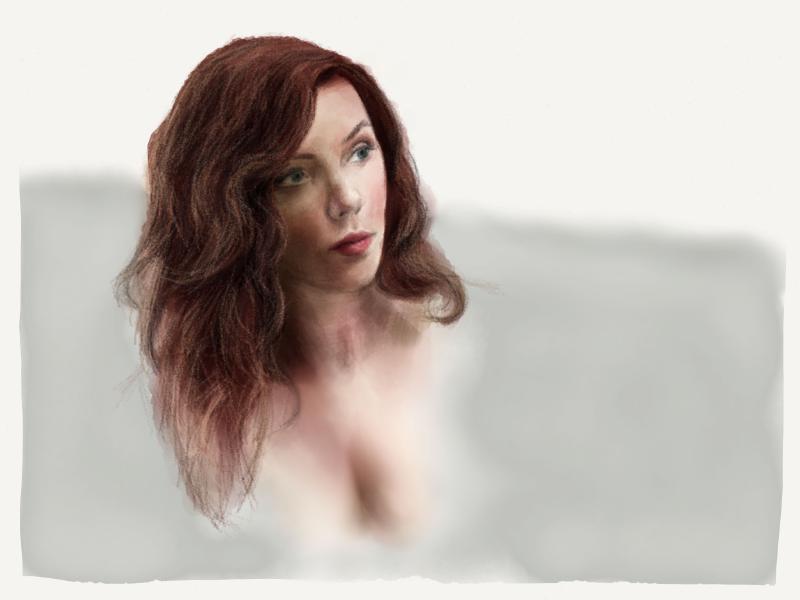 Digital watercolor and pencil portrait of Scarlett Johansson with brown wavy hair and red lips.