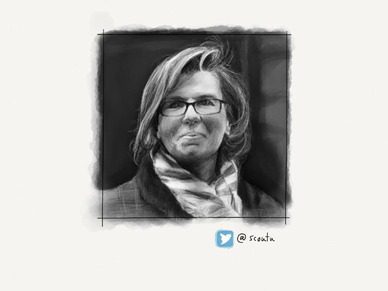 Black and white digital watercolor and pencil portrait of a woman smiling wearing glasses, a striped scarf and coat.