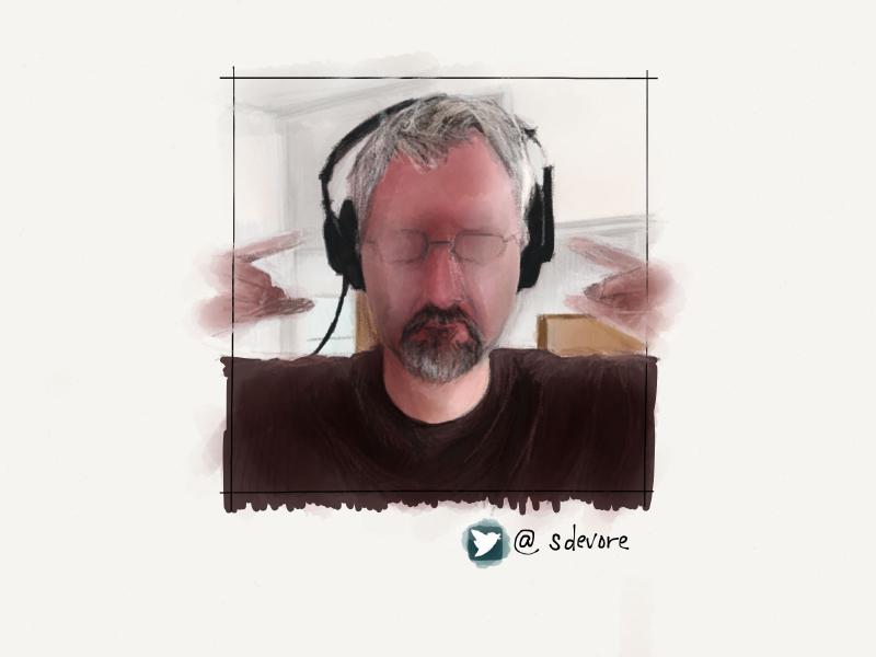 Digital watercolor and pencil portrait of a faceless man with gray hair and a goatee, wearing over the ear headphones and throwing up the horns.