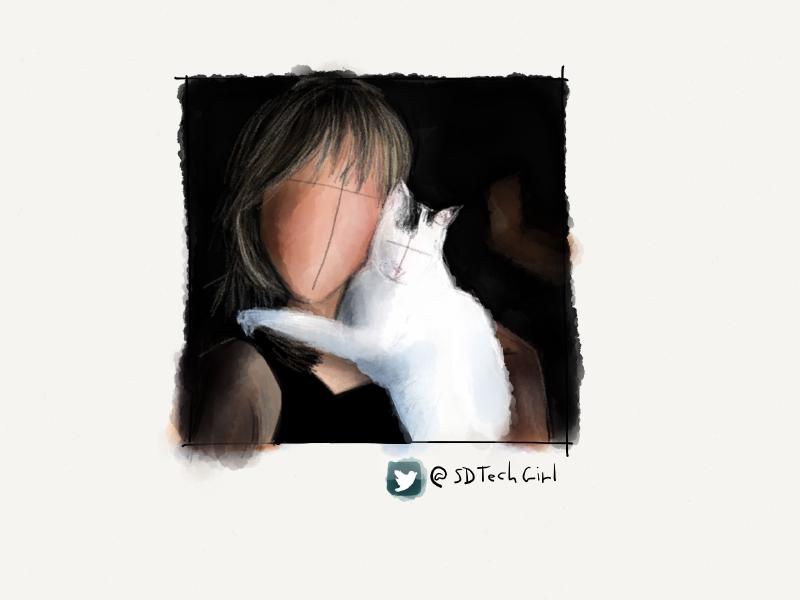 Digital watercolor and pencil portrait of a faceless blonde woman holding a white cat close to her face in a dark room.