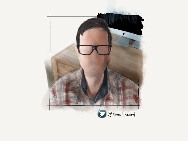 Digital watercolor and pencil portrait of a faceless man wearing large glasses and a plaid shirt, sitting in front of a iMac on a wooden desk.